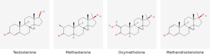 Molecular structures of Testosterone, Methasterone, Oxymetholone and Methandrostenolone