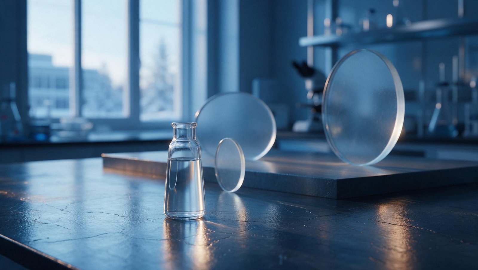 Label-free research vial and glass study-arm forms in a laboratory under cold Canadian morning light