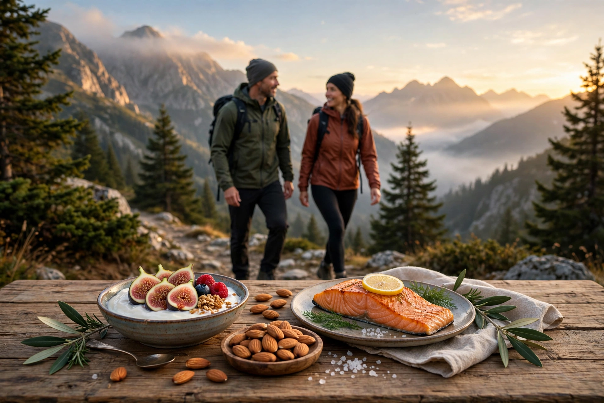 Bone health nutrition for athletes: hiking couple on a mountain trail with bone-healthy foods like yogurt, salmon, and almonds